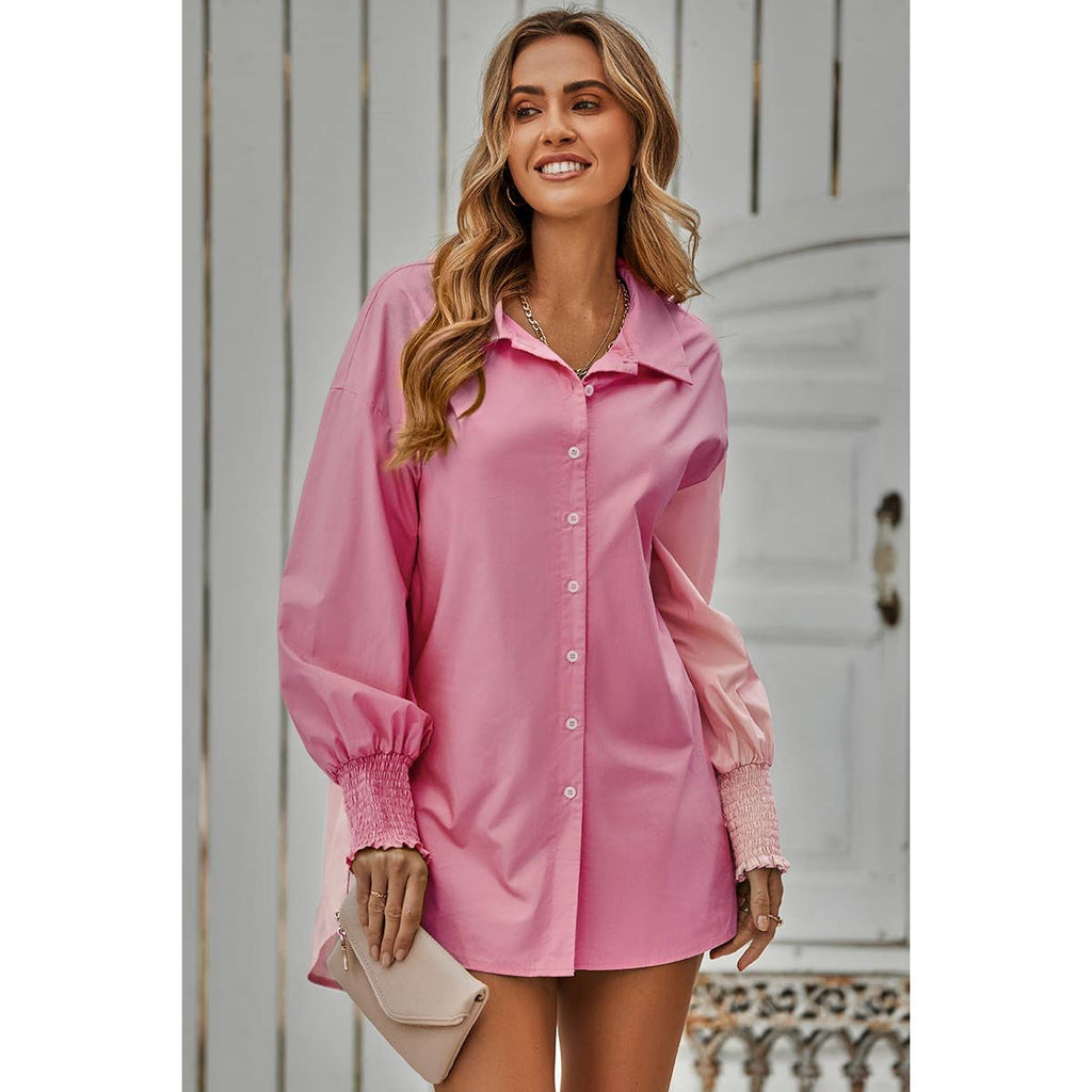 Color Block Button Down Cuffed Sleeves Blouse: PINK / M