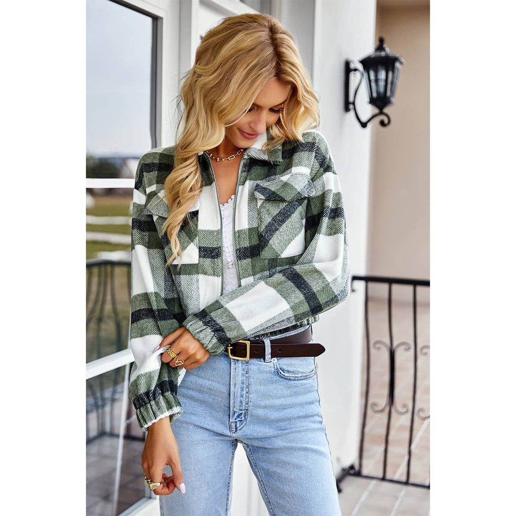 Plaid Flannel Cropped Zip Pocket Outerwear