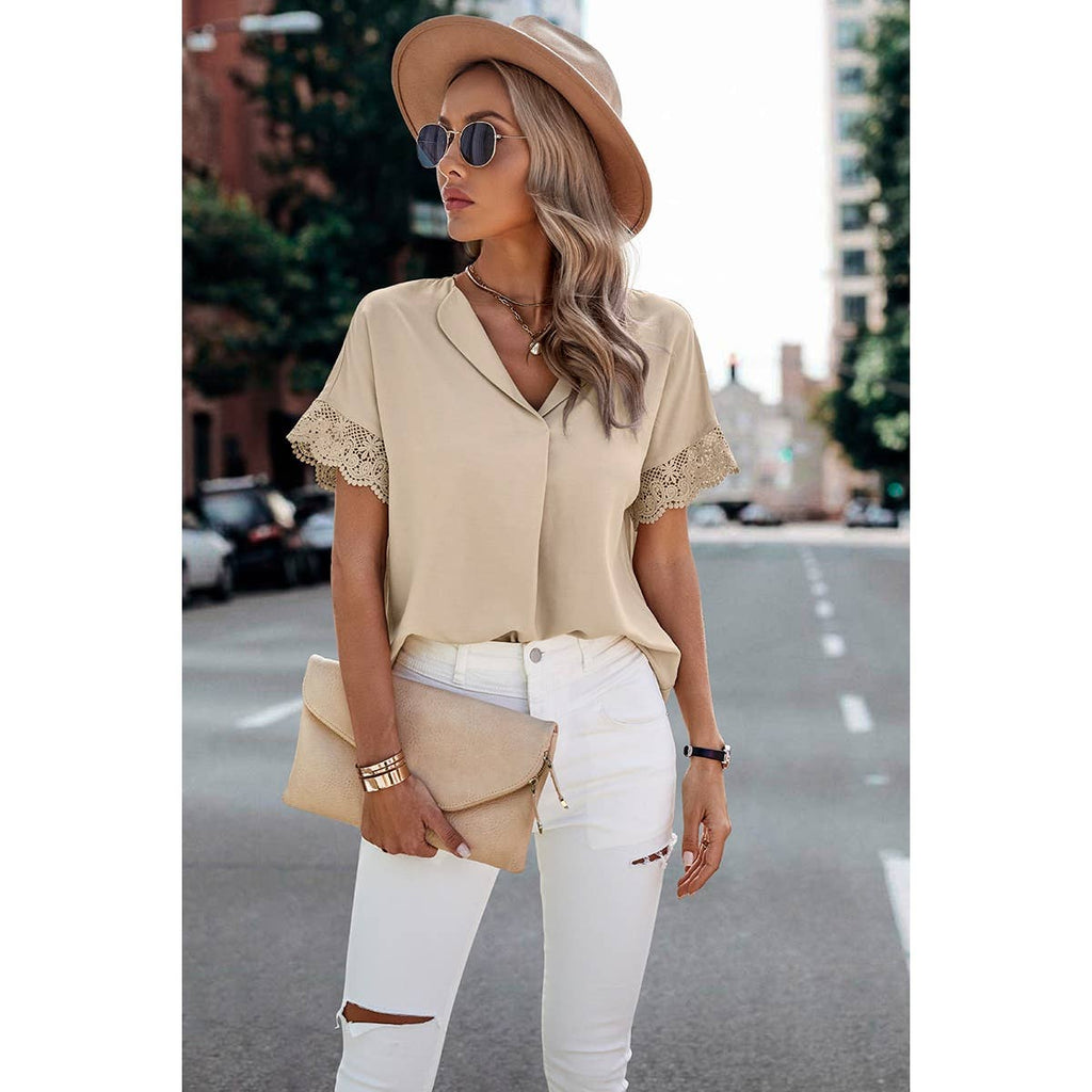 Solid Lace Trim Sleeve V Neck Fit Blouse: BEIGE / M