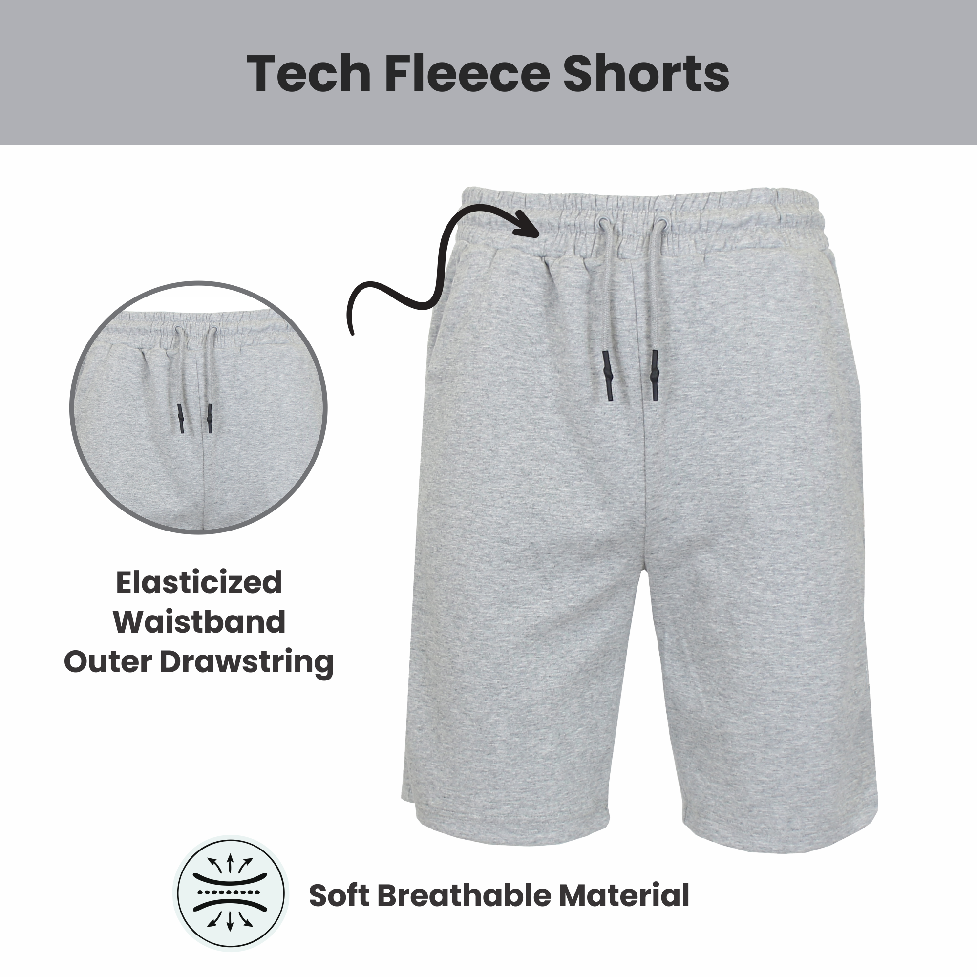 Men's Tech Fleece Jogger Lounge Shorts W Zip Pocket (S-5X): Black / XL