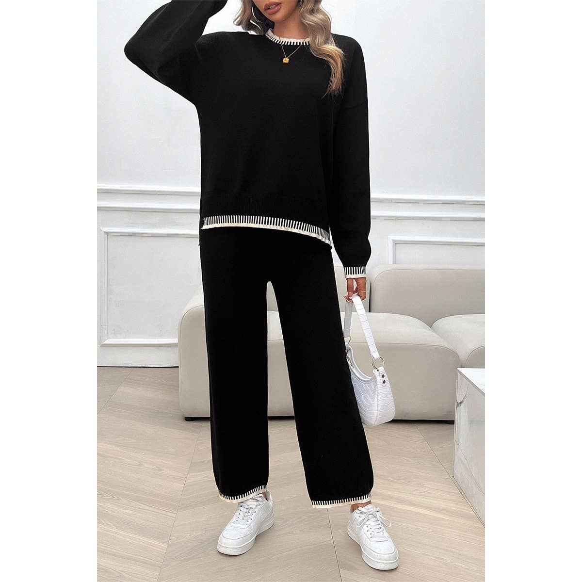 Colock Block Round Neck Drop Shoulder Loose Set: BLACK / S