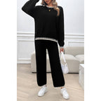 Colock Block Round Neck Drop Shoulder Loose Set: BLACK / L