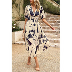 Bohemian V Neck Elastic Waisted Band Midi Dress