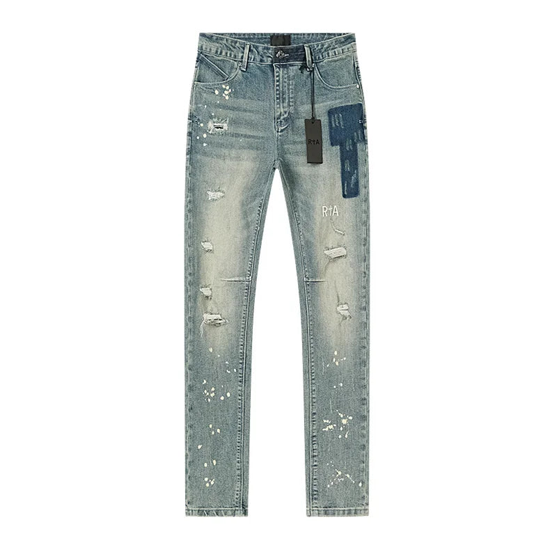 RTA Brand Men's Slim Fit Paint Graffiti Damaged Destroyed Hole Skinny Denim long Trouser Jeans Pants Streetwear