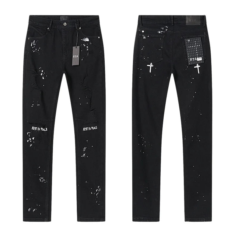 RTA Brand Men's Slim Fit Paint Graffiti Damaged Destroyed Hole Skinny Denim long Trouser Jeans Pants Streetwear