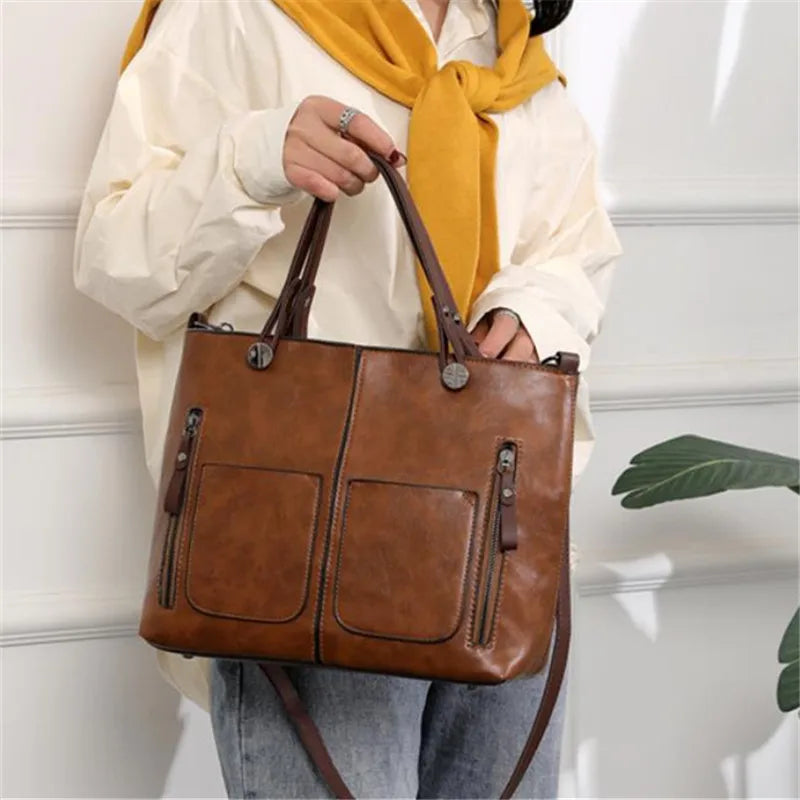 Europe America Retro Leather Handbag Shoulder Bag, Two Pocket Zipper Tote Bag, Classic Crossbody Bags for Women Work Business