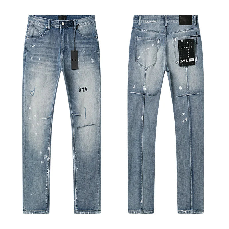 RTA Brand Men's Slim Fit Paint Graffiti Damaged Destroyed Hole Skinny Denim long Trouser Jeans Pants Streetwear
