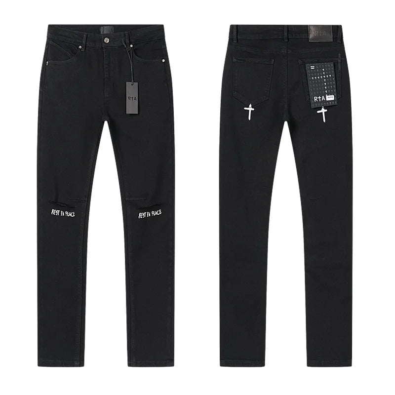 RTA Brand Men's Slim Fit Paint Graffiti Damaged Destroyed Hole Skinny Denim long Trouser Jeans Pants Streetwear