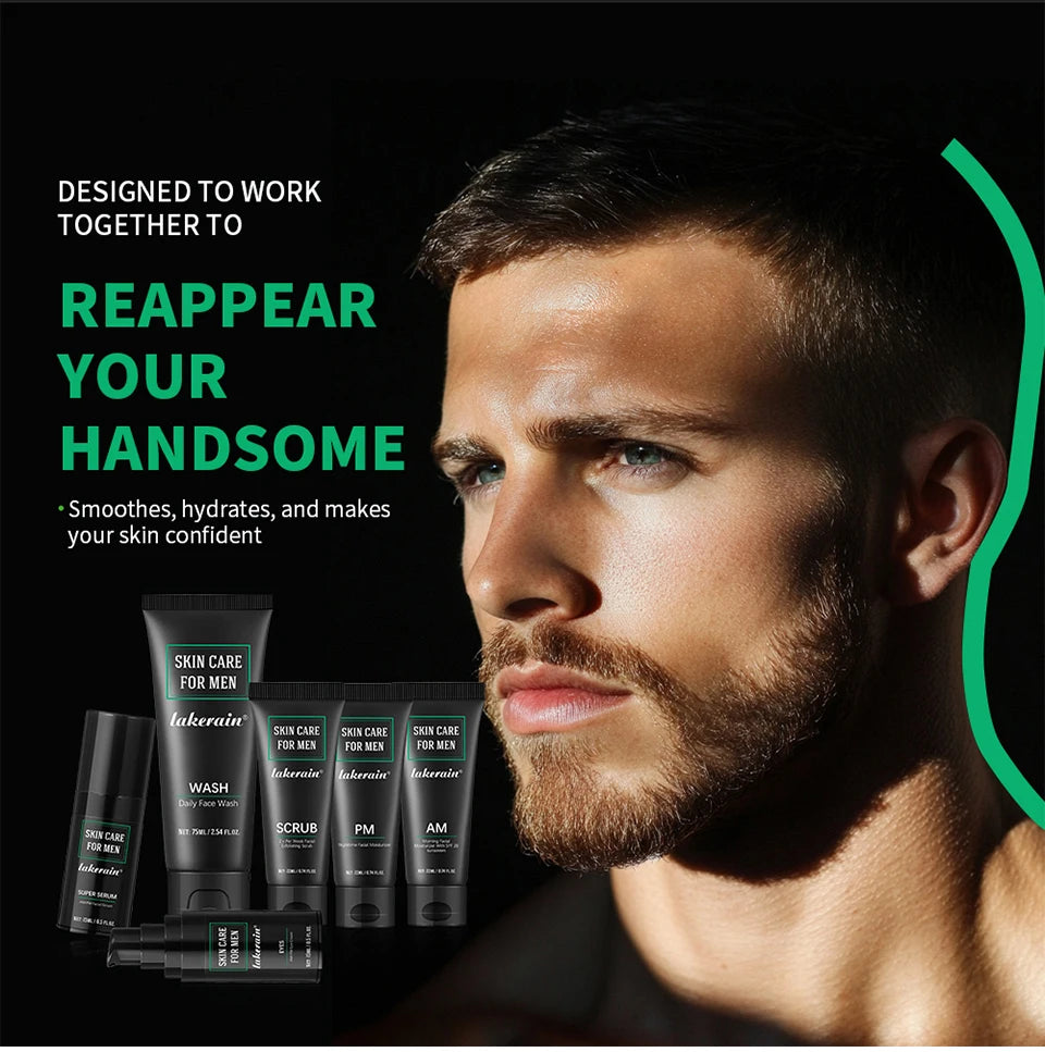 Lakerain Skin Care for Men Kit Oil Control Skin Firming Increase Hydrate Deep Cleaning Face 7 PCS Per Set Travel Skin Care Kit