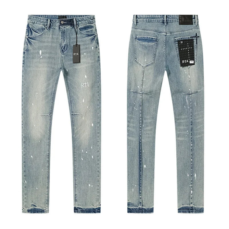 RTA Brand Men's Slim Fit Paint Graffiti Damaged Destroyed Hole Skinny Denim long Trouser Jeans Pants Streetwear