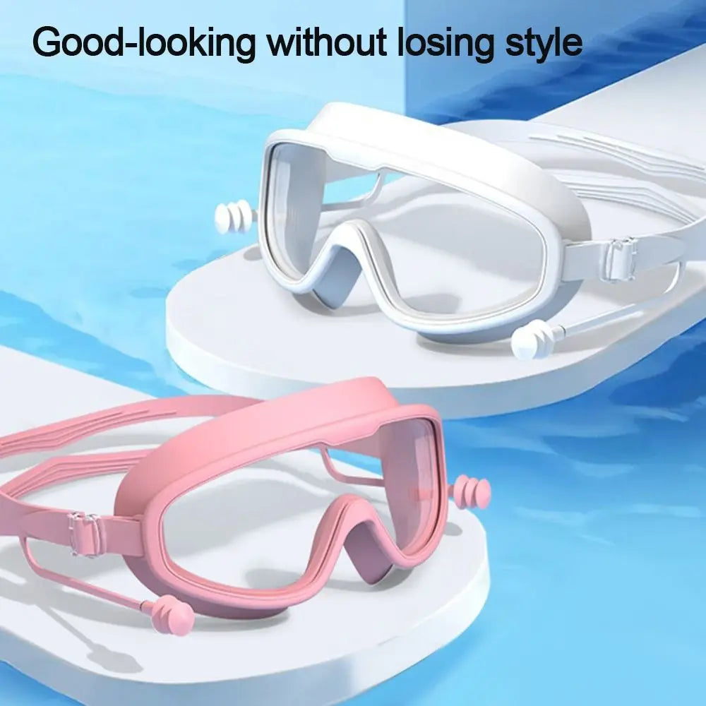 Kids Big Frame Swimming Goggles with Earplugs Children's Anti-fog Swimming Glasses Boys Girls Pool Beach Eyewear Swim Goggles