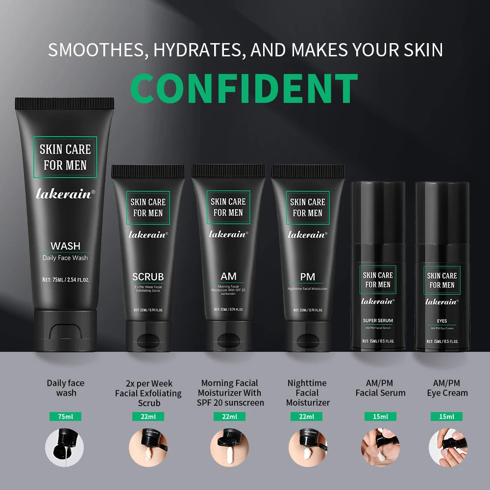 Lakerain Skin Care for Men Kit Oil Control Skin Firming Increase Hydrate Deep Cleaning Face 7 PCS Per Set Travel Skin Care Kit