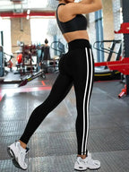 Women's High-Waisted Yoga Leggings with Side Stripes - Athletic Black Running Cycling Casual Pants