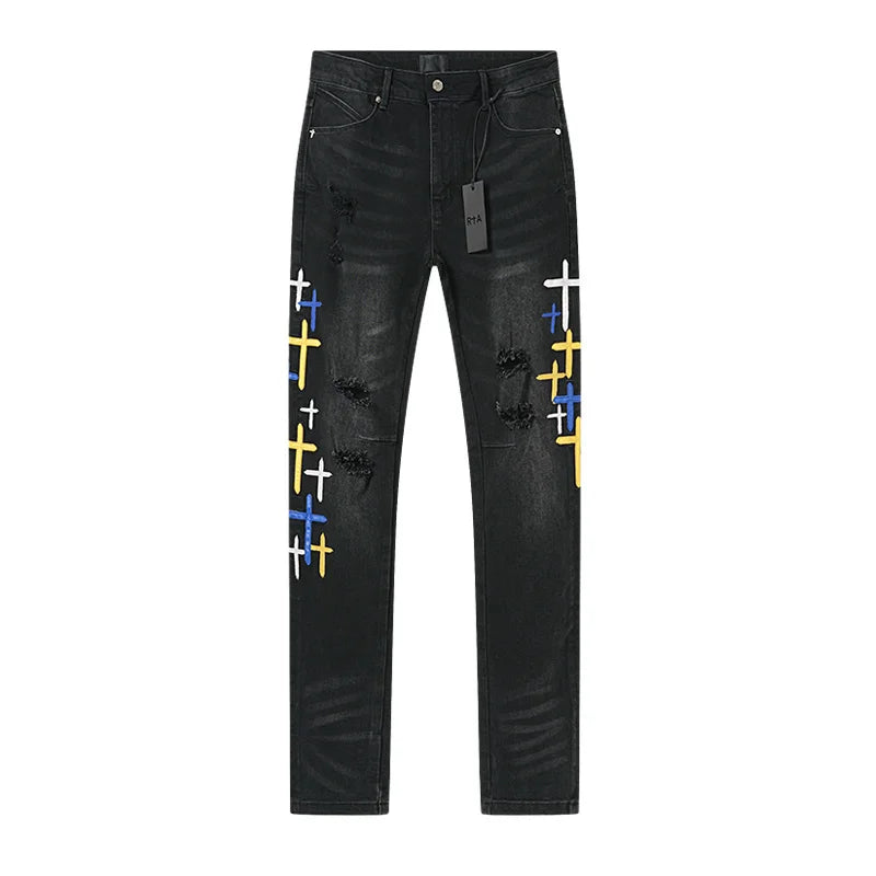 RTA Brand Men's Slim Fit Paint Graffiti Damaged Destroyed Hole Skinny Denim long Trouser Jeans Pants Streetwear