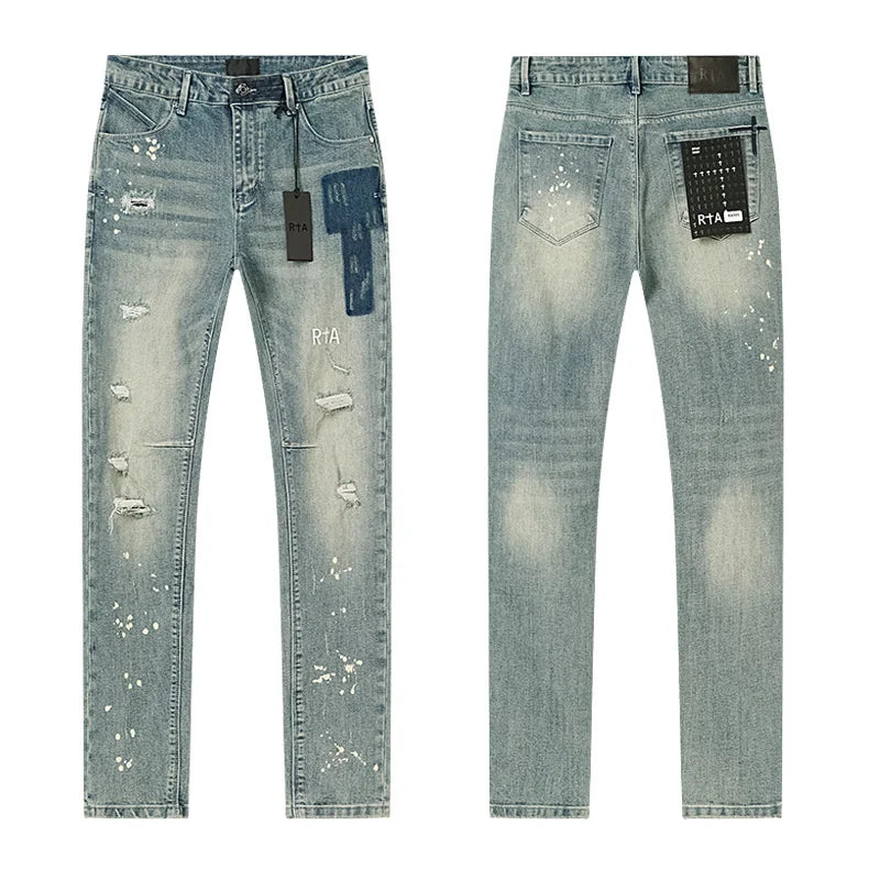 RTA Brand Men's Slim Fit Paint Graffiti Damaged Destroyed Hole Skinny Denim long Trouser Jeans Pants Streetwear