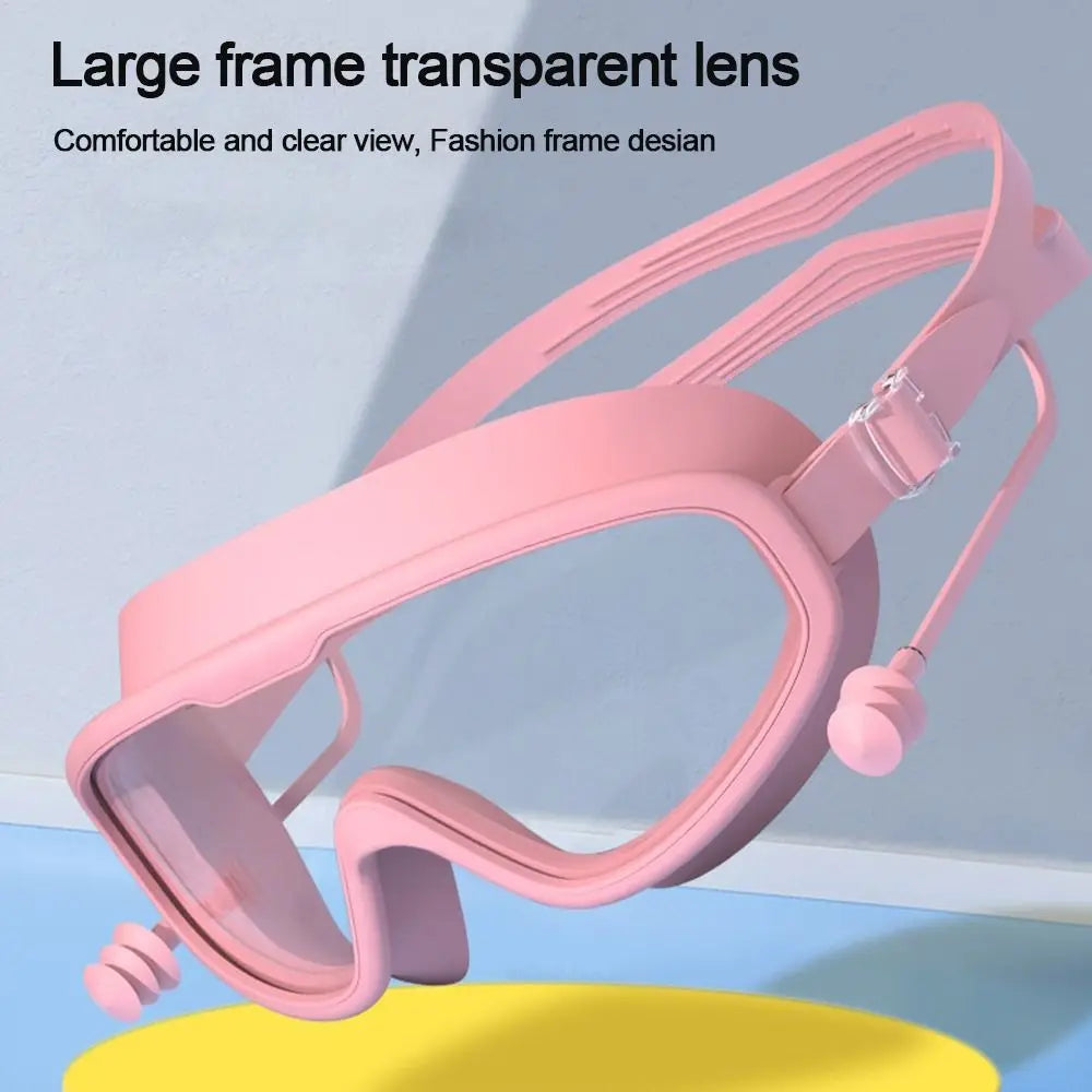 Kids Big Frame Swimming Goggles with Earplugs Children's Anti-fog Swimming Glasses Boys Girls Pool Beach Eyewear Swim Goggles