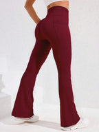High Waist Flare Leg Yoga Pants Women with Pocket Push Up Butt  Running Tights Wide Leg Pants Gym Outdoor Cycling Leggings