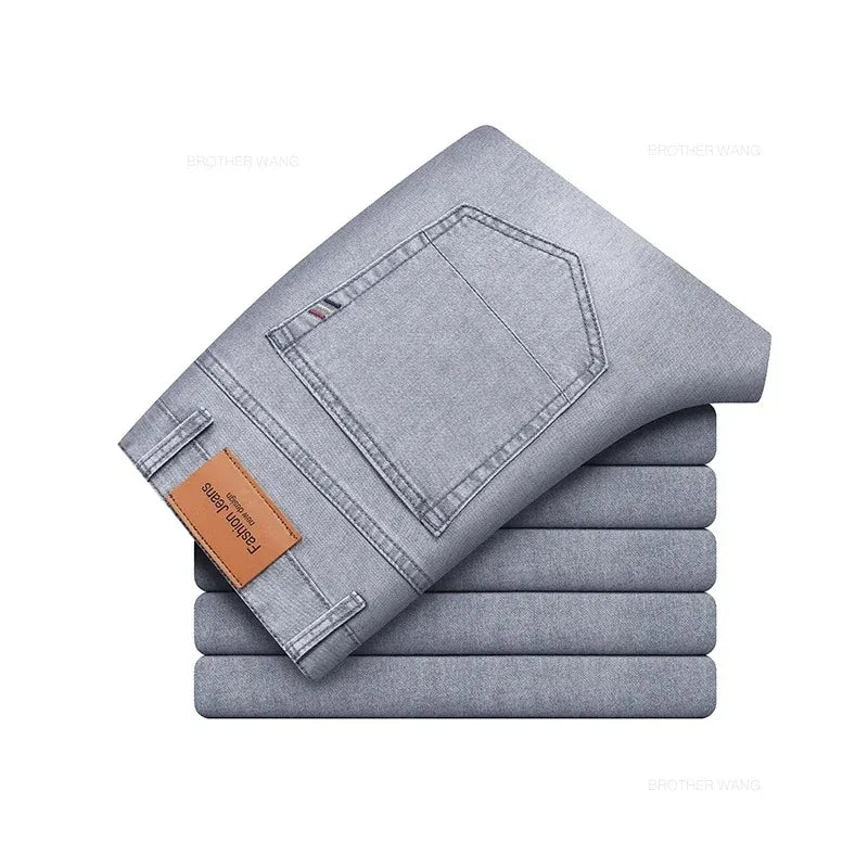 Summer Elastic Men's Jeans Fashion Gray Comfortable Business Straight Stretch Cotton Casual Denim Pants Brand Male Thin Trousers