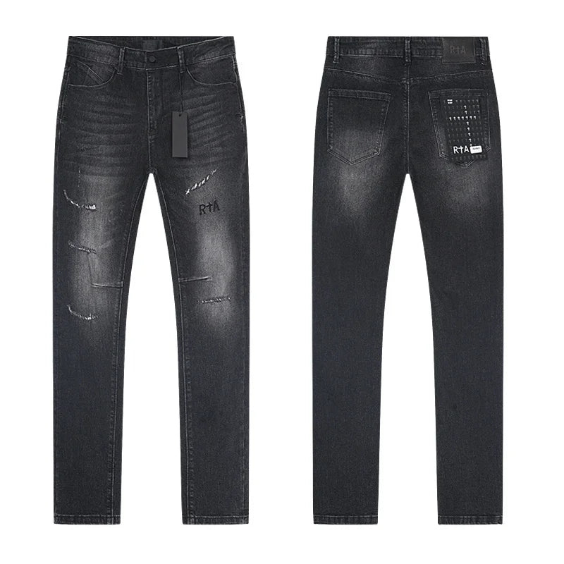 RTA Brand Men's Slim Fit Paint Graffiti Damaged Destroyed Hole Skinny Denim long Trouser Jeans Pants Streetwear