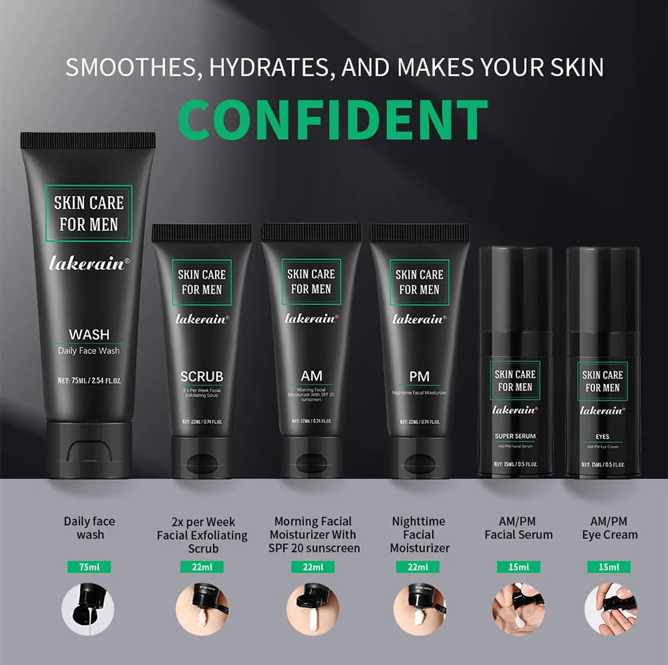 Lakerain Skin Care for Men Kit Oil Control Skin Firming Increase Hydrate Deep Cleaning Face 7 PCS Per Set Travel Skin Care Kit