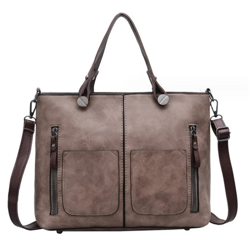 Europe America Retro Leather Handbag Shoulder Bag, Two Pocket Zipper Tote Bag, Classic Crossbody Bags for Women Work Business