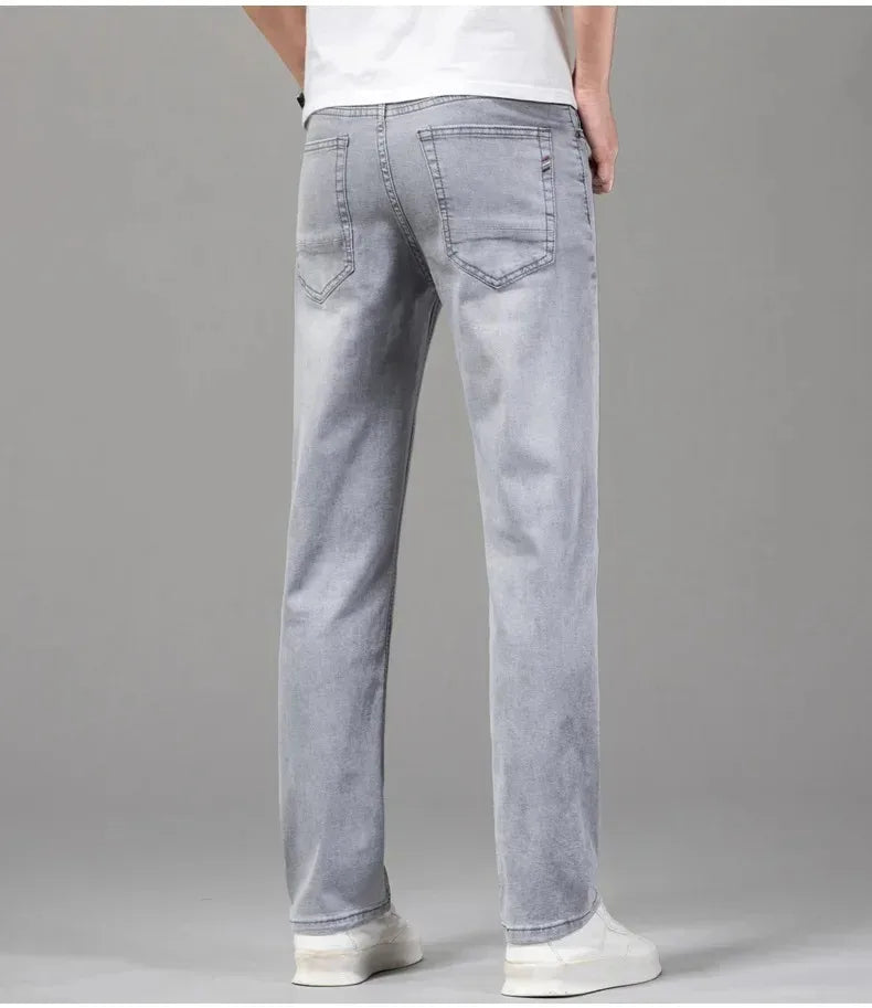 Summer Elastic Men's Jeans Fashion Gray Comfortable Business Straight Stretch Cotton Casual Denim Pants Brand Male Thin Trousers