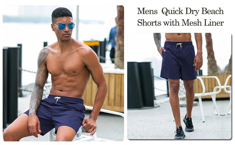 Mens Swim Trunks with Mesh Lining Side Pockets Solid Beach Shorts Quick Dry Lightweight Drawstring Board Shorts Summer Swimwear