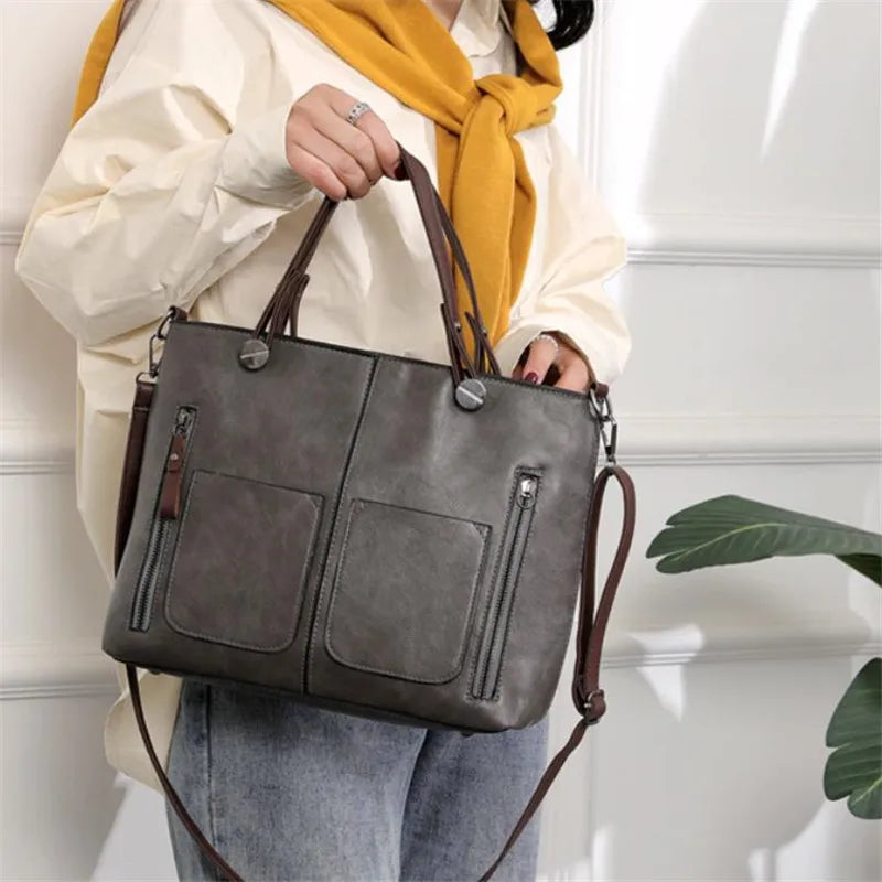 Europe America Retro Leather Handbag Shoulder Bag, Two Pocket Zipper Tote Bag, Classic Crossbody Bags for Women Work Business