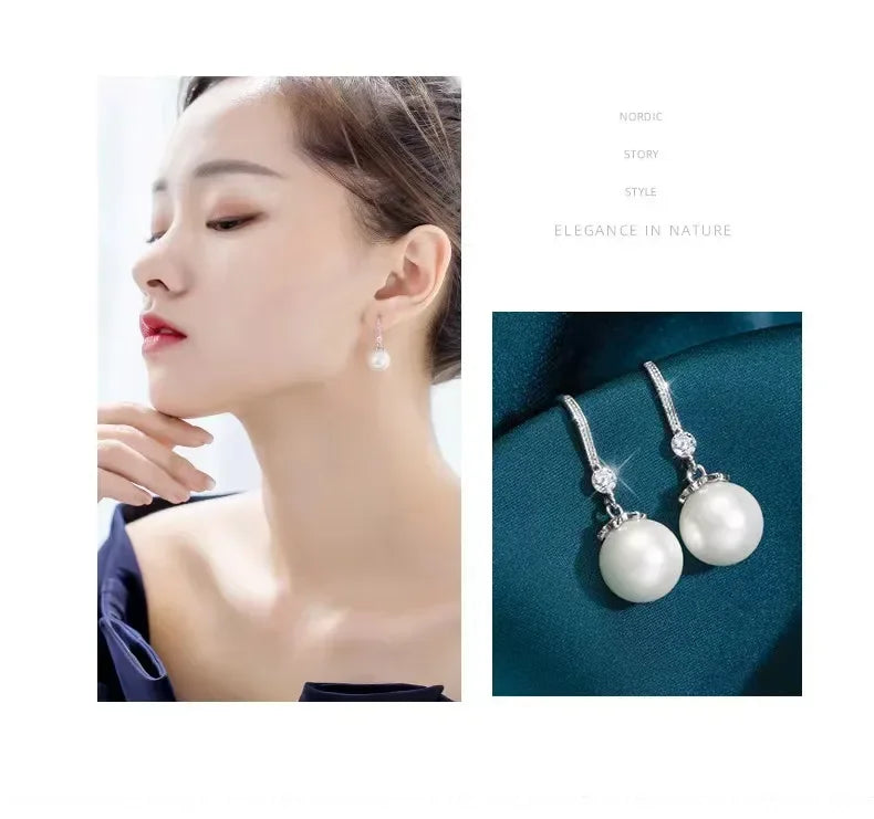 Mother's Day 925 Silver Trend Pearl Long Earrings Wedding Pendant Earrings Fashion Korean Jewelry Earrings for Women Panrty Gift