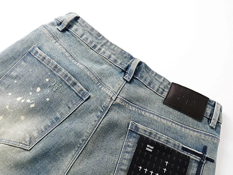 RTA Brand Men's Slim Fit Paint Graffiti Damaged Destroyed Hole Skinny Denim long Trouser Jeans Pants Streetwear