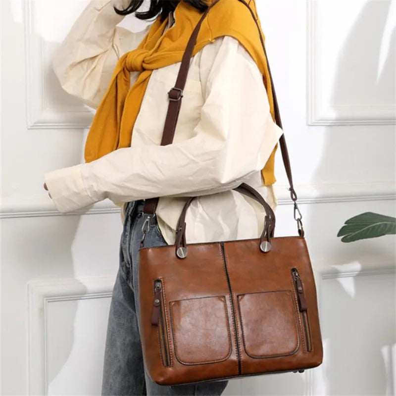 Europe America Retro Leather Handbag Shoulder Bag, Two Pocket Zipper Tote Bag, Classic Crossbody Bags for Women Work Business