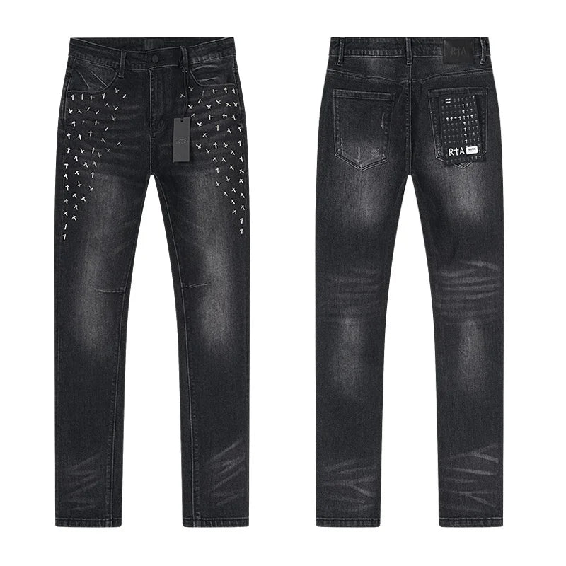 RTA Brand Men's Slim Fit Paint Graffiti Damaged Destroyed Hole Skinny Denim long Trouser Jeans Pants Streetwear