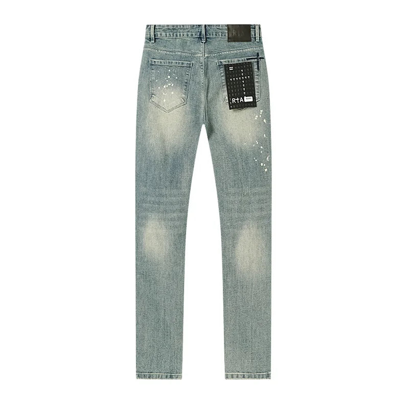 RTA Brand Men's Slim Fit Paint Graffiti Damaged Destroyed Hole Skinny Denim long Trouser Jeans Pants Streetwear