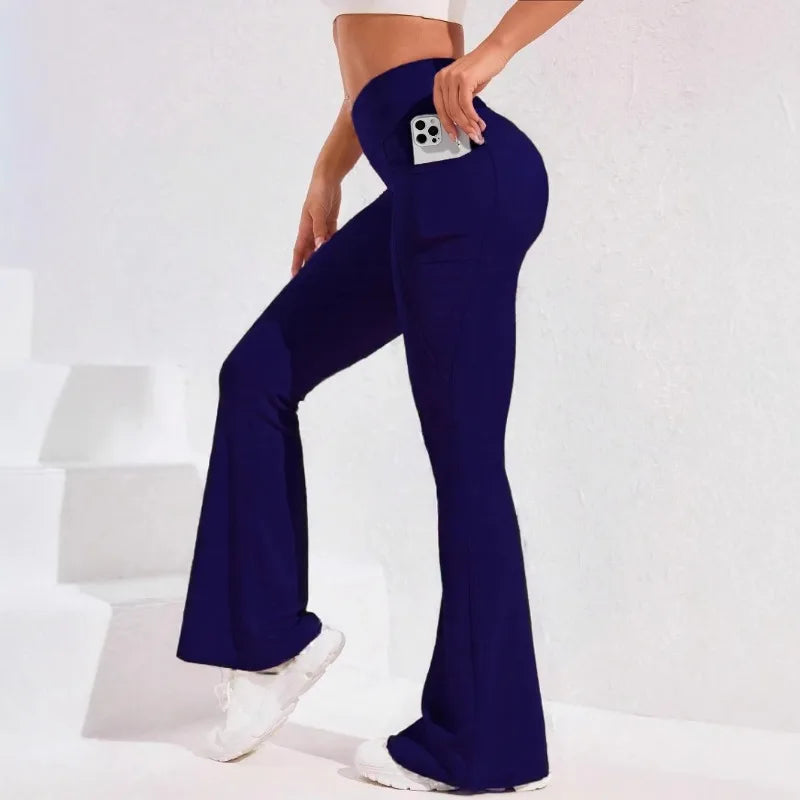 High Waist Flare Leg Yoga Pants Women with Pocket Push Up Butt  Running Tights Wide Leg Pants Gym Outdoor Cycling Leggings