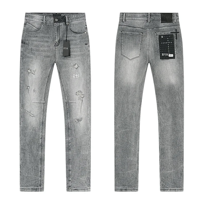 RTA Brand Men's Slim Fit Paint Graffiti Damaged Destroyed Hole Skinny Denim long Trouser Jeans Pants Streetwear