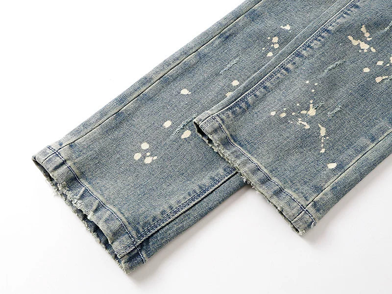 RTA Brand Men's Slim Fit Paint Graffiti Damaged Destroyed Hole Skinny Denim long Trouser Jeans Pants Streetwear