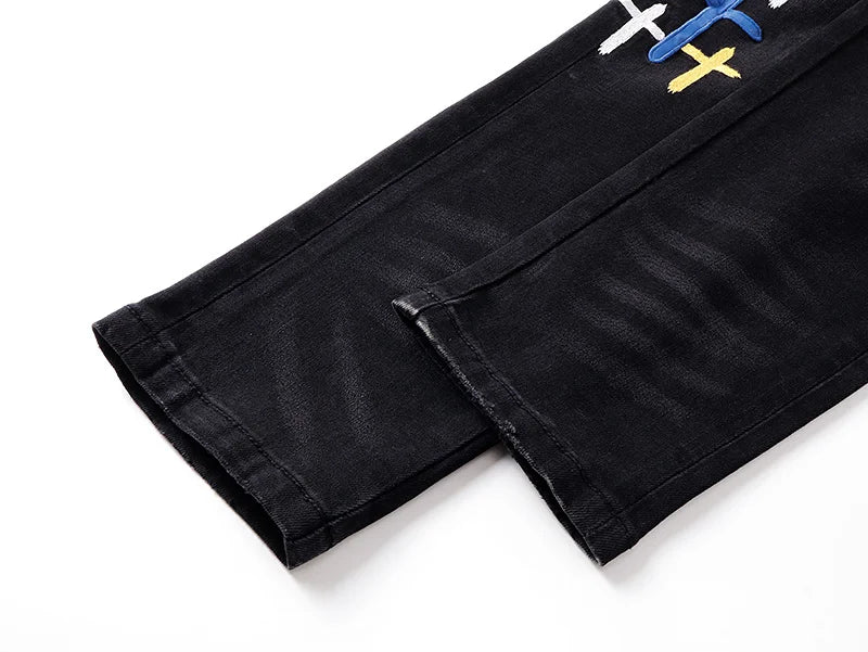 RTA Brand Men's Slim Fit Paint Graffiti Damaged Destroyed Hole Skinny Denim long Trouser Jeans Pants Streetwear