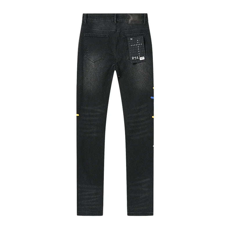RTA Brand Men's Slim Fit Paint Graffiti Damaged Destroyed Hole Skinny Denim long Trouser Jeans Pants Streetwear