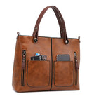 Europe America Retro Leather Handbag Shoulder Bag, Two Pocket Zipper Tote Bag, Classic Crossbody Bags for Women Work Business
