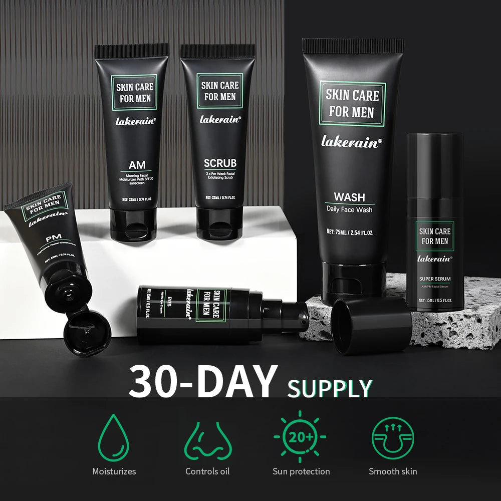 Lakerain Skin Care for Men Kit Oil Control Skin Firming Increase Hydrate Deep Cleaning Face 7 PCS Per Set Travel Skin Care Kit