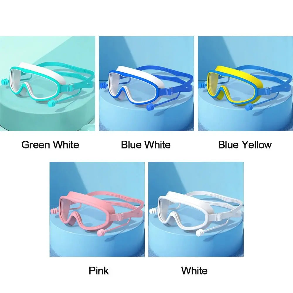 Kids Big Frame Swimming Goggles with Earplugs Children's Anti-fog Swimming Glasses Boys Girls Pool Beach Eyewear Swim Goggles