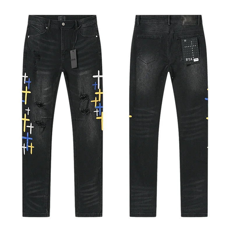 RTA Brand Men's Slim Fit Paint Graffiti Damaged Destroyed Hole Skinny Denim long Trouser Jeans Pants Streetwear