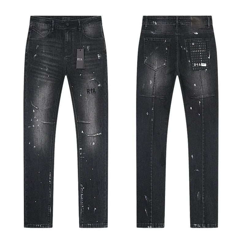 RTA Brand Men's Slim Fit Paint Graffiti Damaged Destroyed Hole Skinny Denim long Trouser Jeans Pants Streetwear