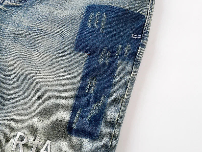RTA Brand Men's Slim Fit Paint Graffiti Damaged Destroyed Hole Skinny Denim long Trouser Jeans Pants Streetwear