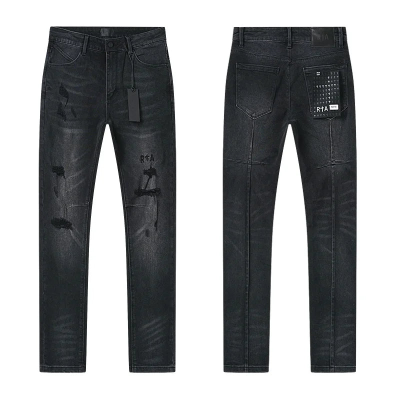 RTA Brand Men's Slim Fit Paint Graffiti Damaged Destroyed Hole Skinny Denim long Trouser Jeans Pants Streetwear