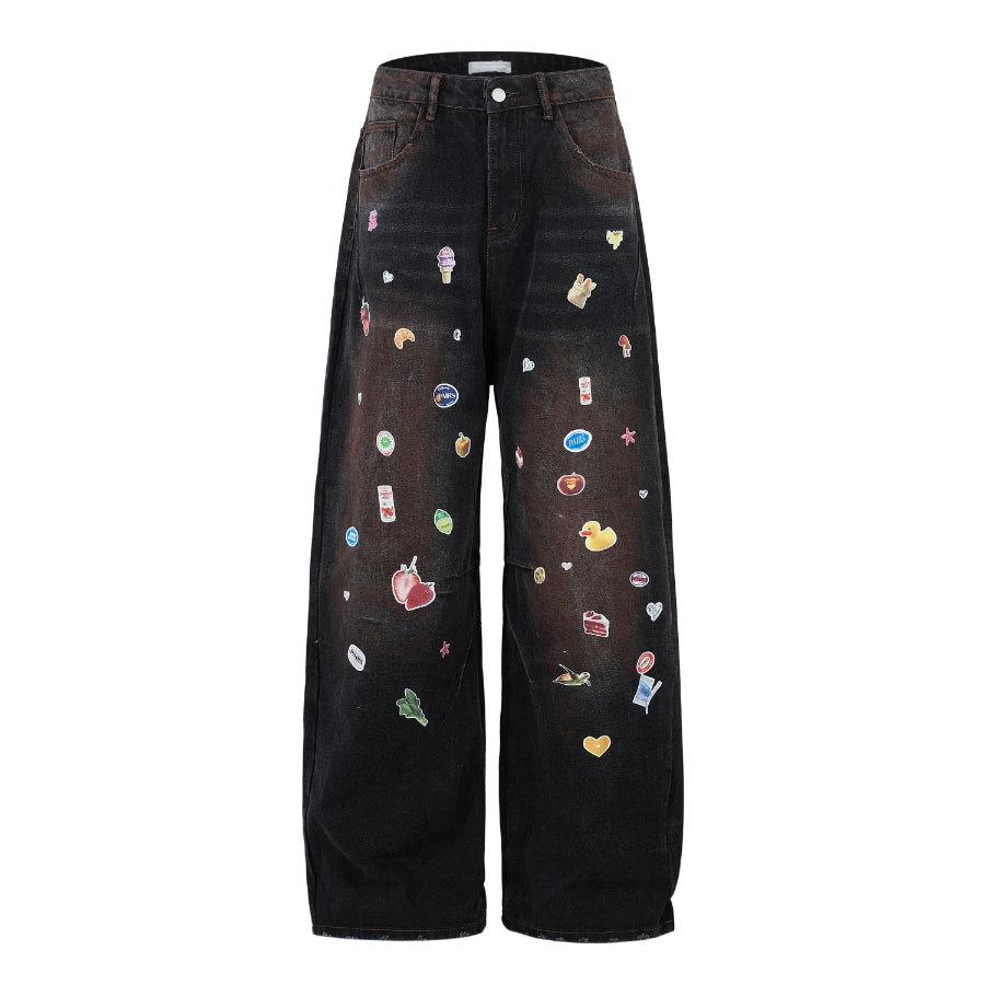 #N01 Cartoon Fun Print Wide Leg Jeans for Men 2025ss Spring Loose Long Pants