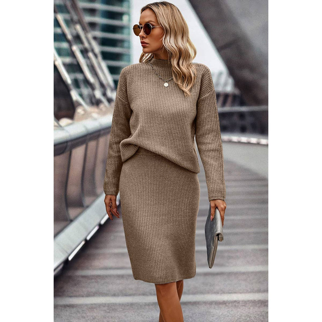 Two Pieces Turtleneck Drop Shoulder Skirt Sets