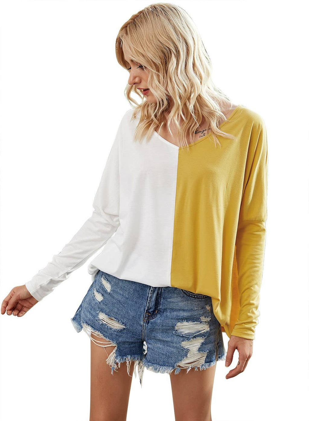 V Neck Color Block Drop Shoulder Shirt: YELLOW WHITE / S