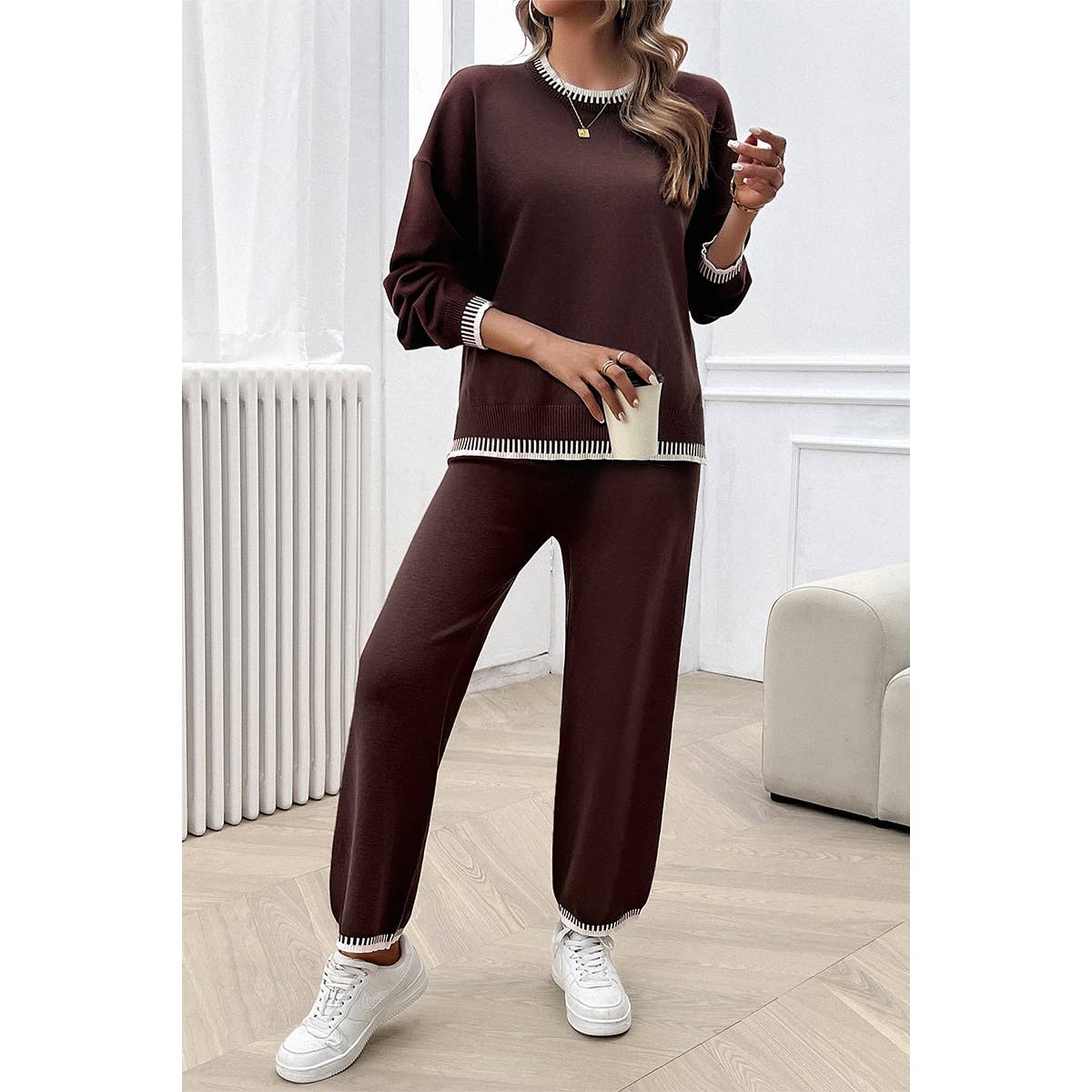 Colock Block Round Neck Drop Shoulder Loose Set: BEIGE / S