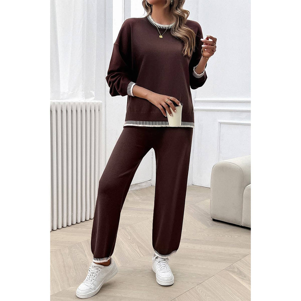 Colock Block Round Neck Drop Shoulder Loose Set: BLACK / S